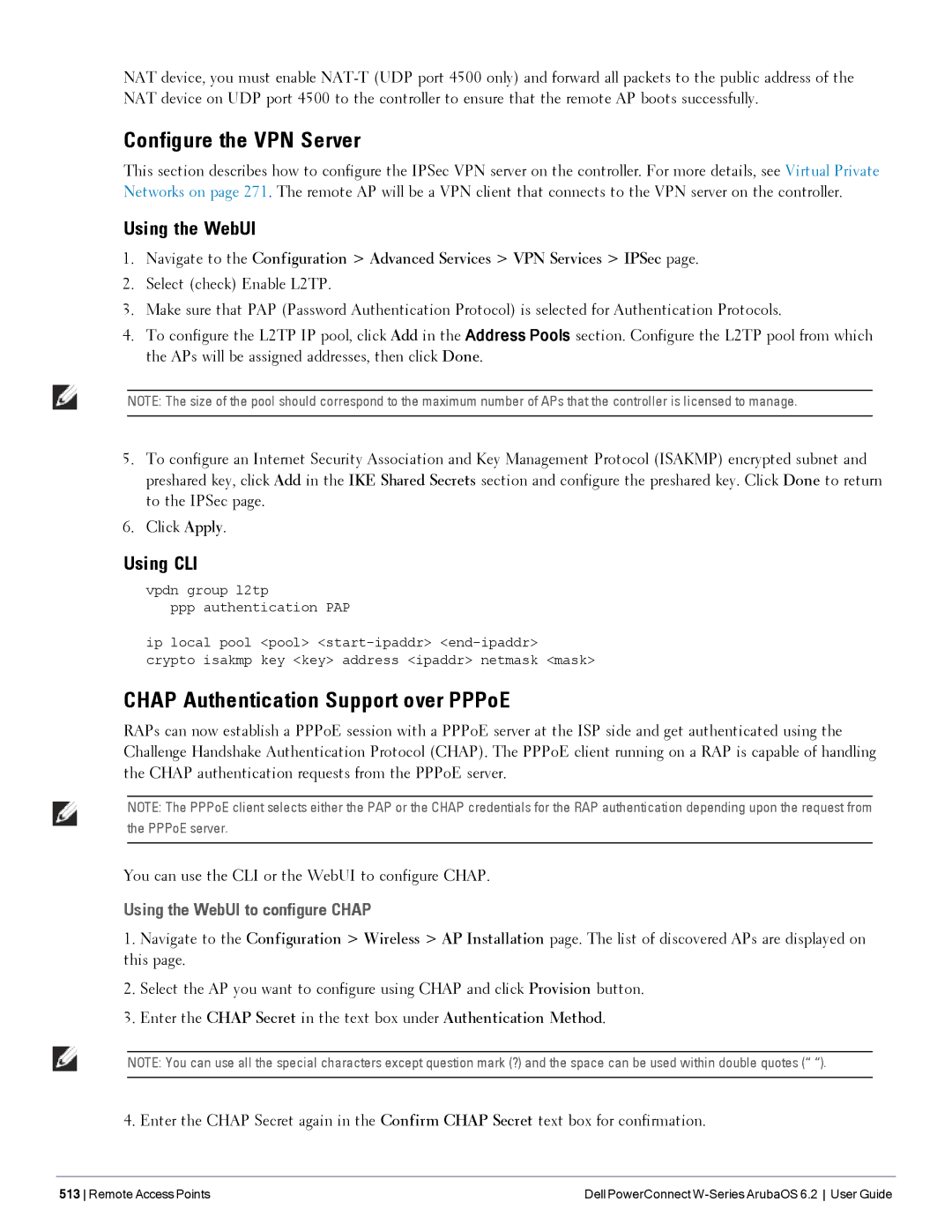 Dell 6.2 manual Configure the VPN Server, Chap Authentication Support over PPPoE, Using the WebUI to configure Chap 