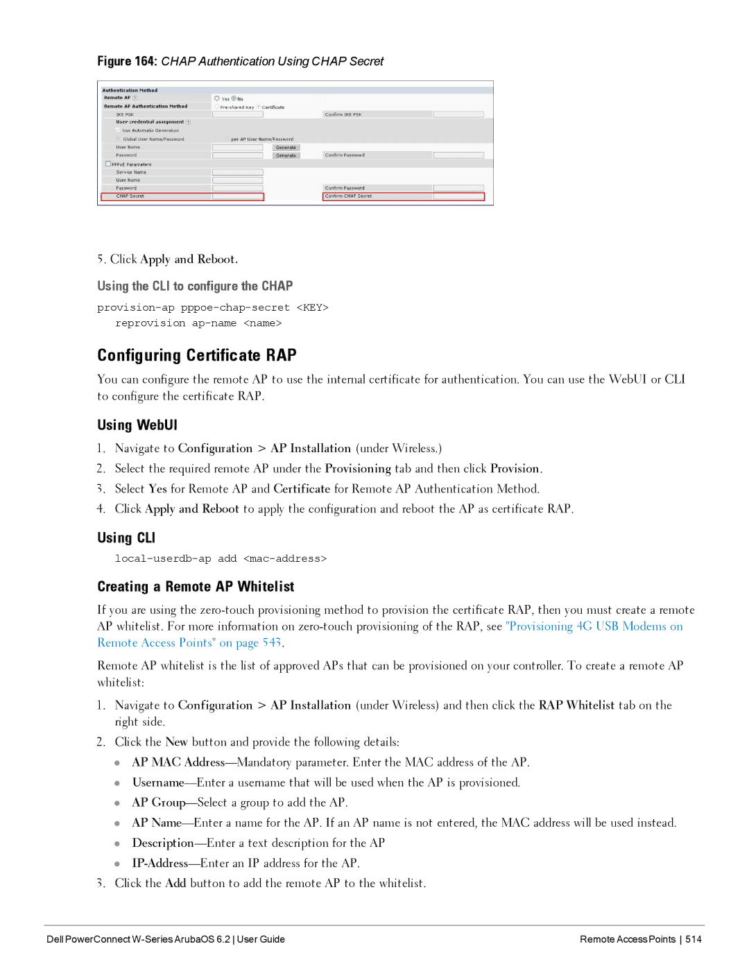 Dell 6.2 manual Configuring Certificate RAP, Creating a Remote AP Whitelist, Using the CLI to configure the Chap 