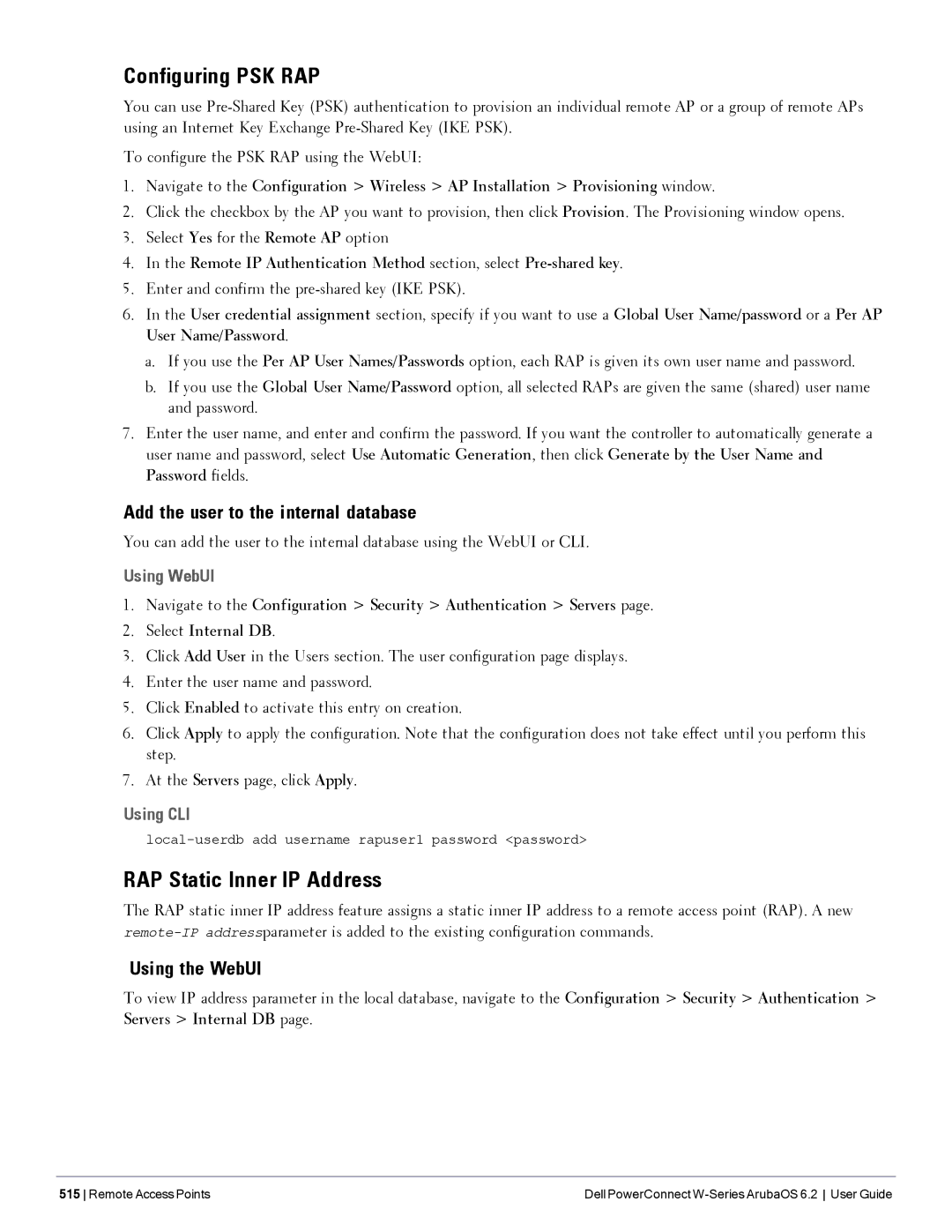 Dell 6.2 Configuring PSK RAP, RAP Static Inner IP Address, Add the user to the internal database, Using WebUI, Using CLI 