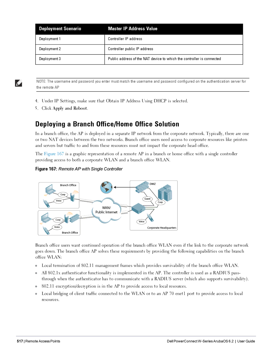 Dell 6.2 manual Deploying a Branch Office/Home Office Solution, Deployment Scenario Master IP Address Value 