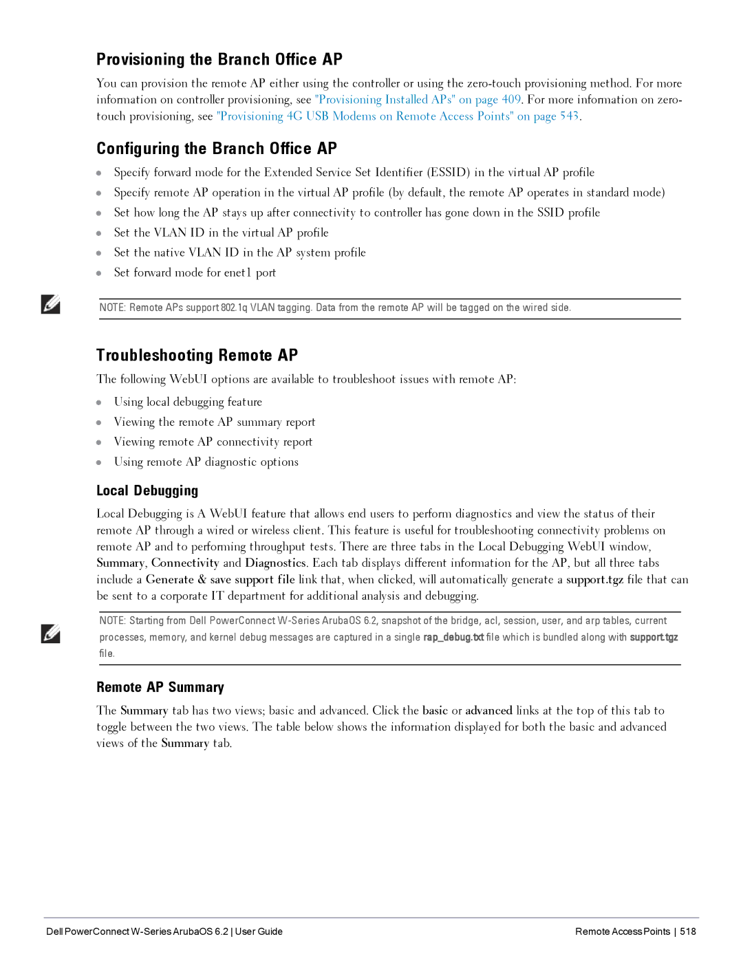 Dell 6.2 Provisioning the Branch Office AP, Configuring the Branch Office AP, Troubleshooting Remote AP, Local Debugging 