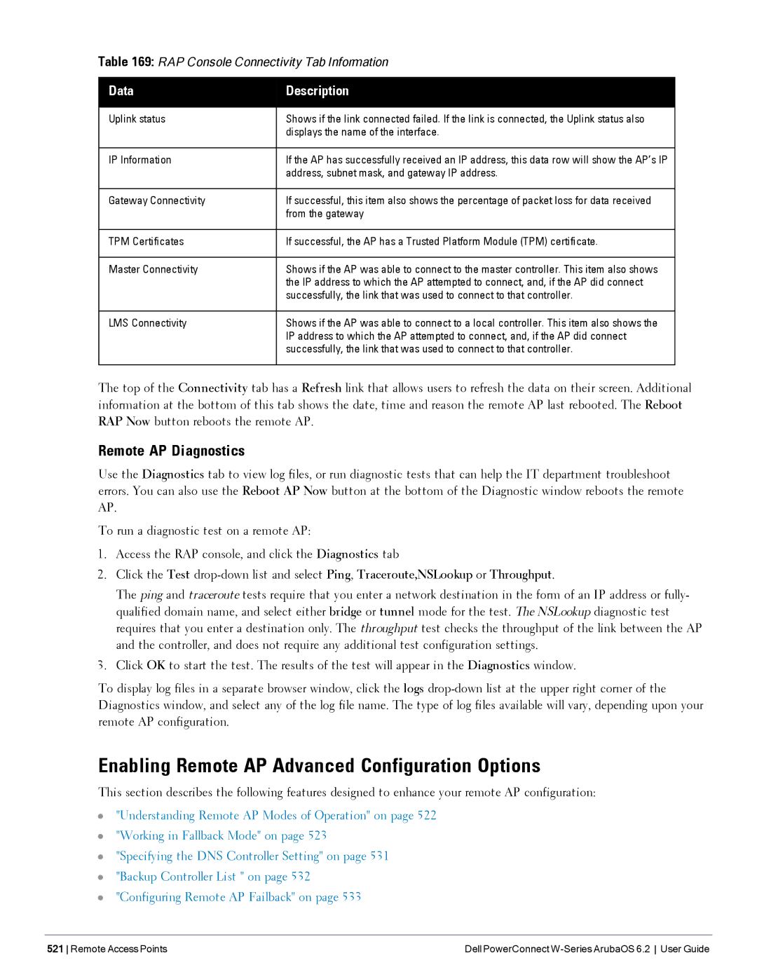 Dell 6.2 manual Enabling Remote AP Advanced Configuration Options, Remote AP Diagnostics, Data Description 