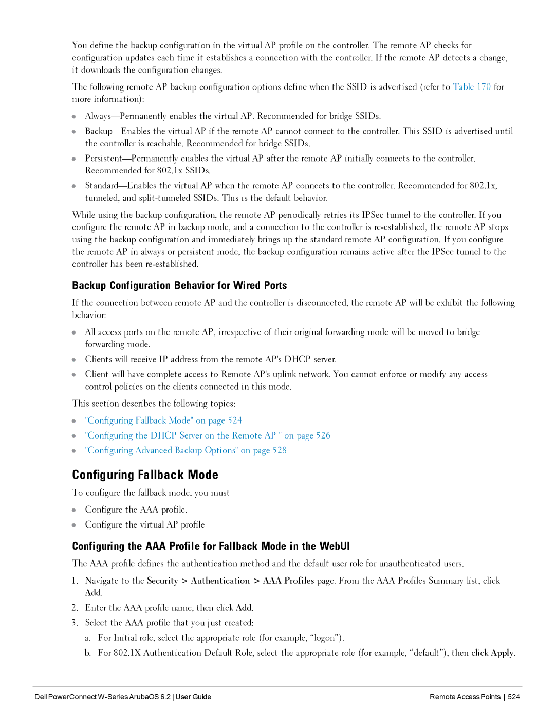 Dell 6.2 manual Configuring Fallback Mode, Backup Configuration Behavior for Wired Ports 