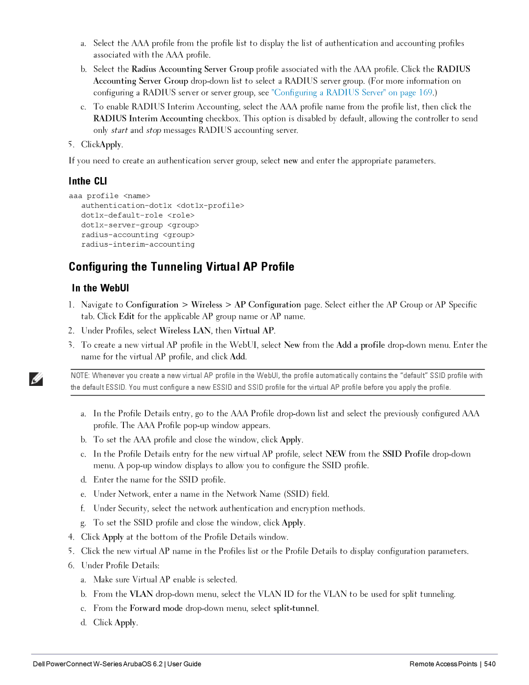 Dell 6.2 manual Configuring the Tunneling Virtual AP Profile, Inthe CLI 