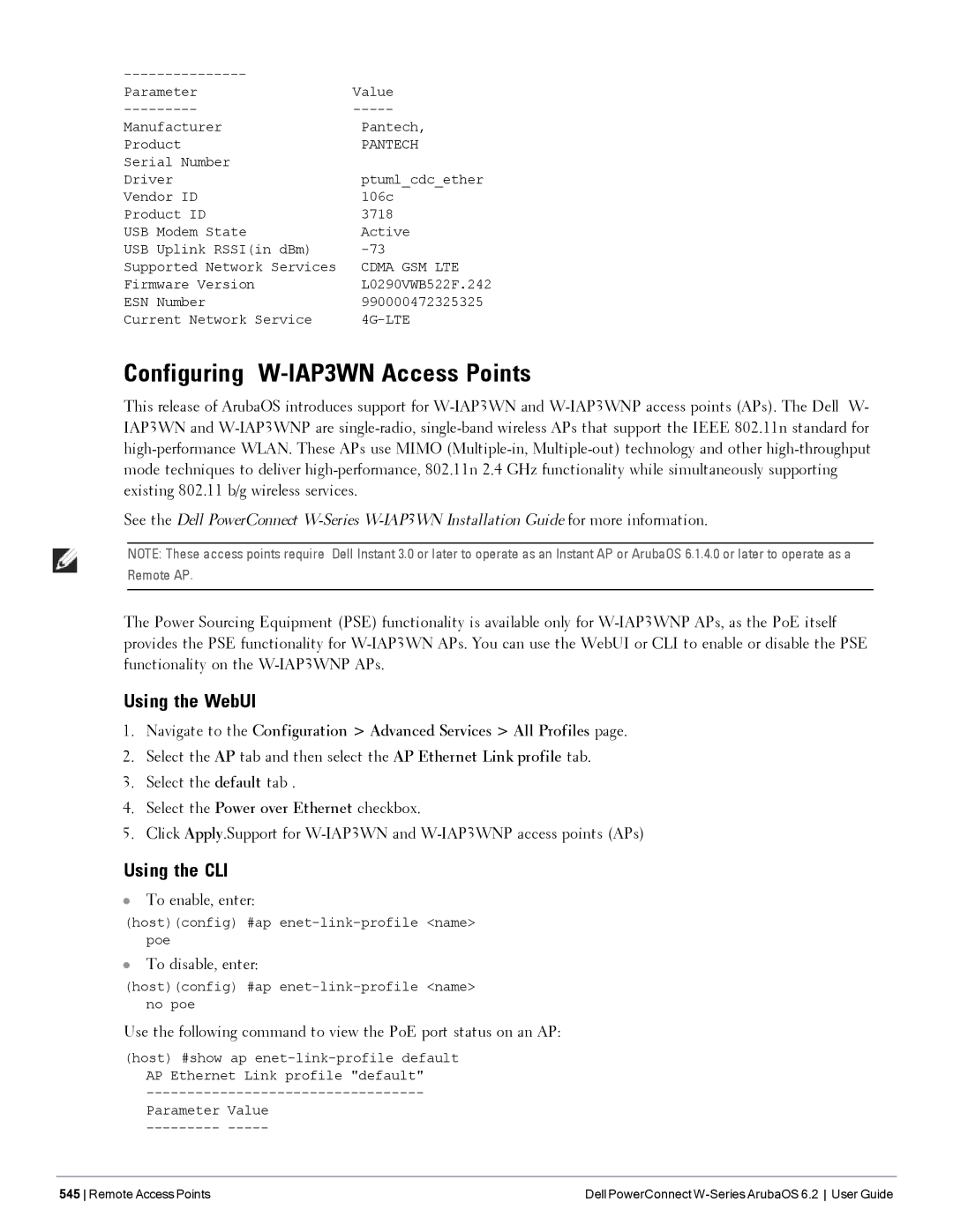 Dell 6.2 manual Configuring W-IAP3WN Access Points, Pantech 