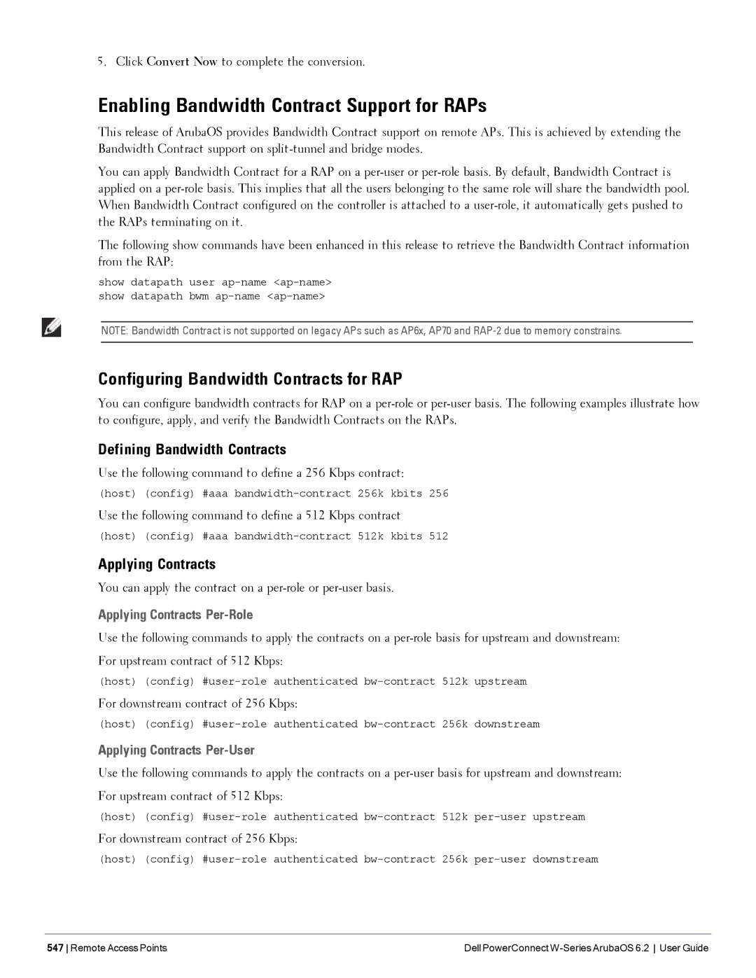 Dell 6.2 manual Enabling Bandwidth Contract Support for RAPs, Configuring Bandwidth Contracts for RAP, Applying Contracts 