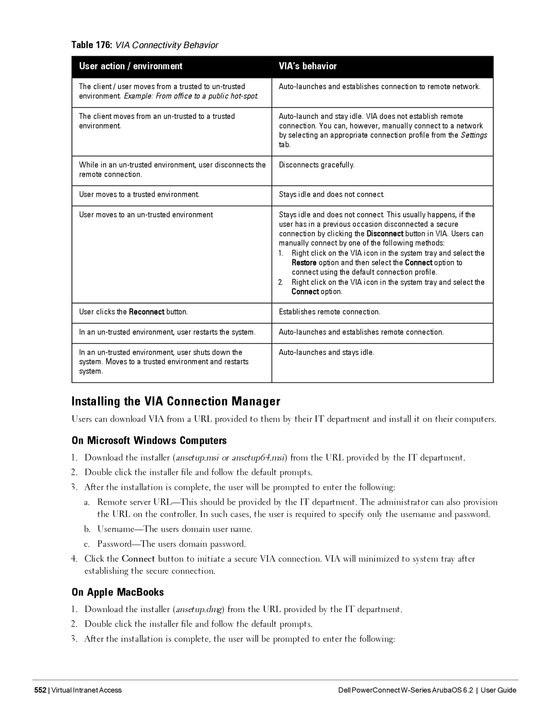 Dell 6.2 manual Installing the VIA Connection Manager, On Microsoft Windows Computers, On Apple MacBooks 