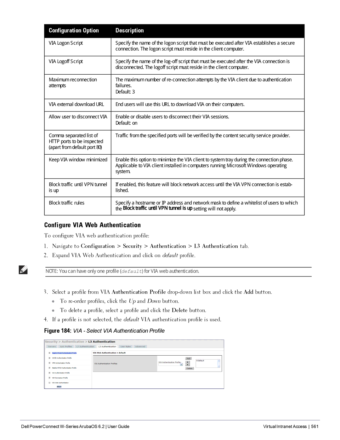 Dell 6.2 manual Configure VIA Web Authentication, To configure VIA web authentication profile 