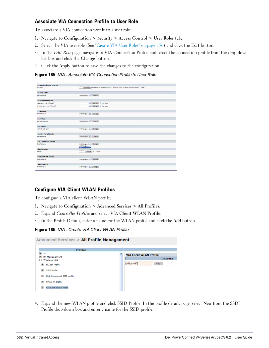 Dell 6.2 manual Associate VIA Connection Profile to User Role, Configure VIA Client Wlan Profiles 