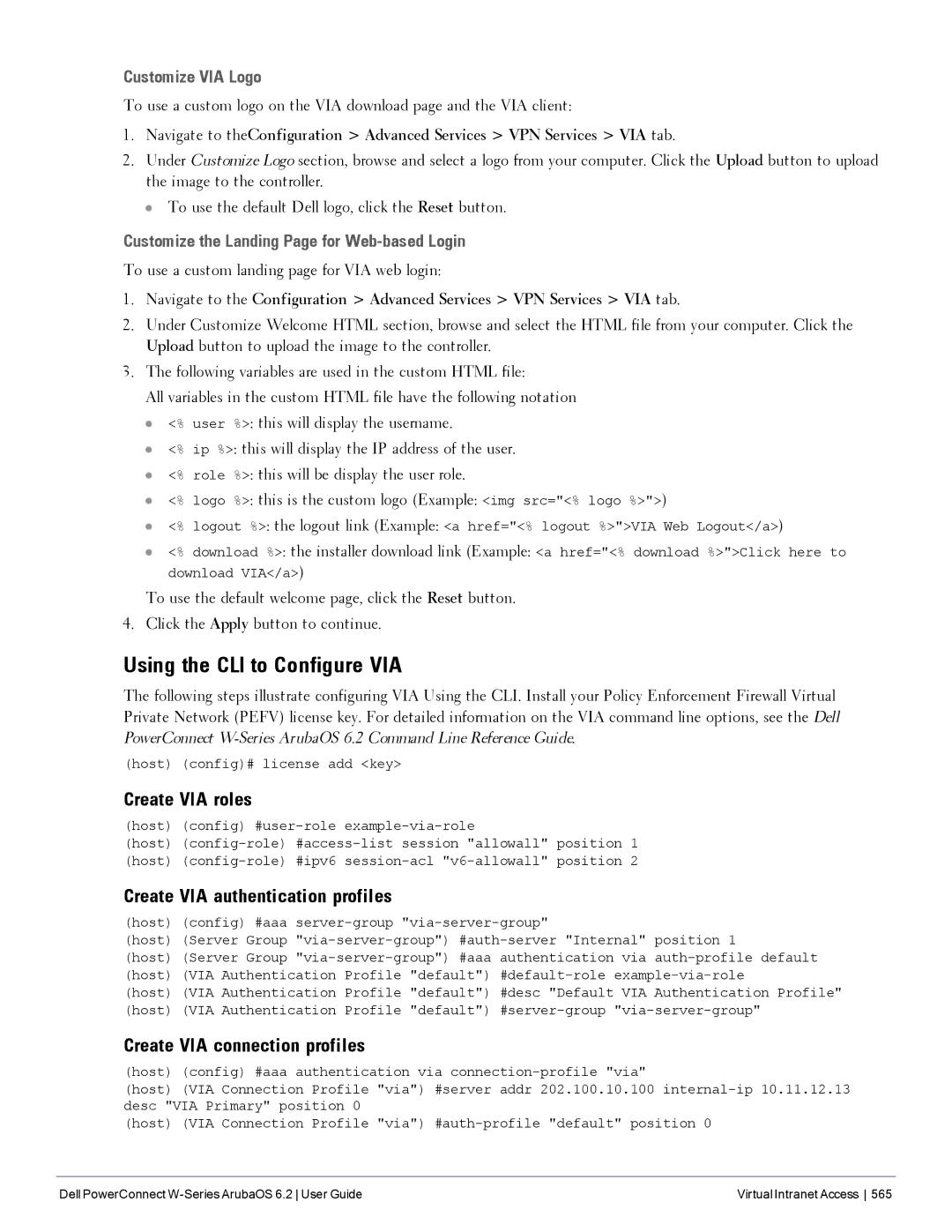 Dell 6.2 manual Using the CLI to Configure VIA, Create VIA roles, Create VIA authentication profiles 