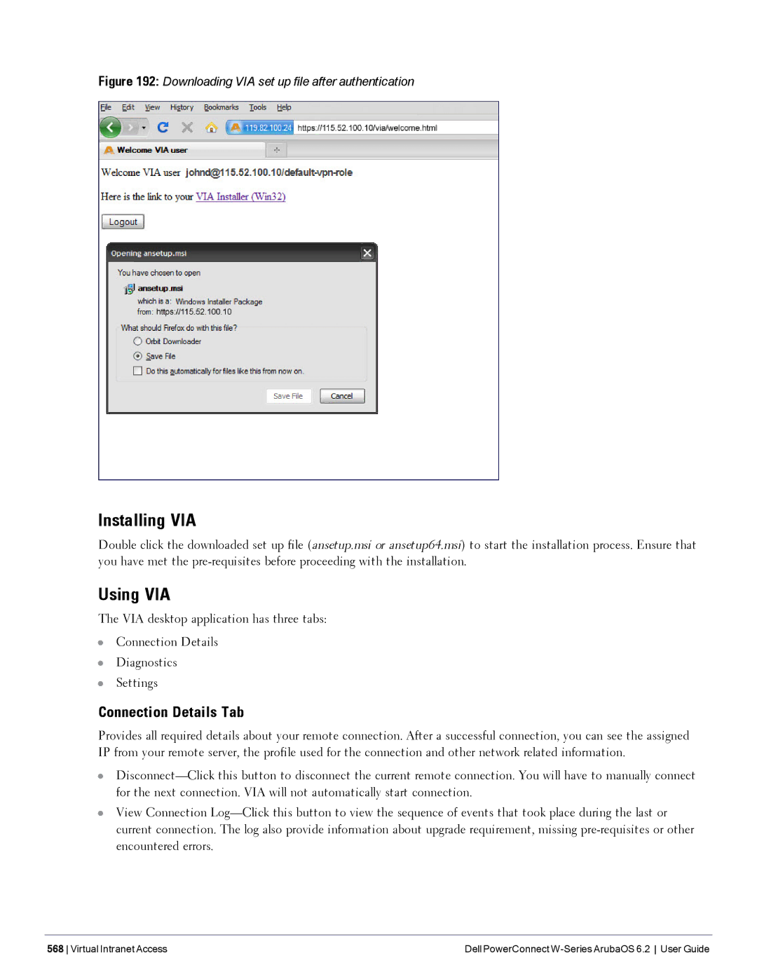 Dell 6.2 manual Installing VIA, Using VIA, Connection Details Tab 