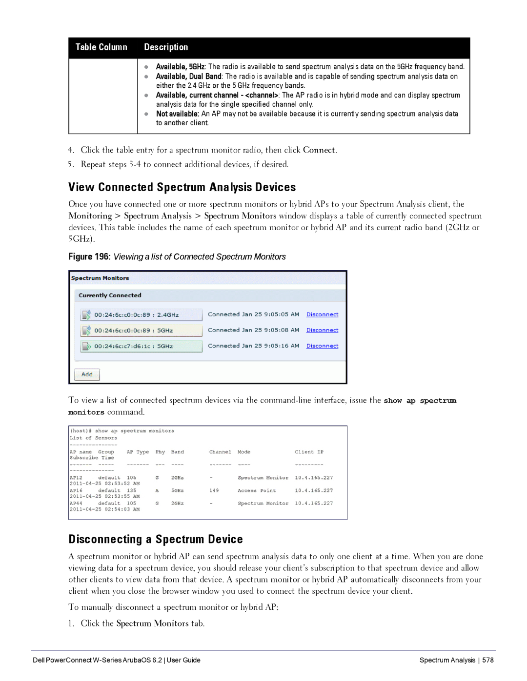 Dell 6.2 manual View Connected Spectrum Analysis Devices, Disconnecting a Spectrum Device, Table Column Description 