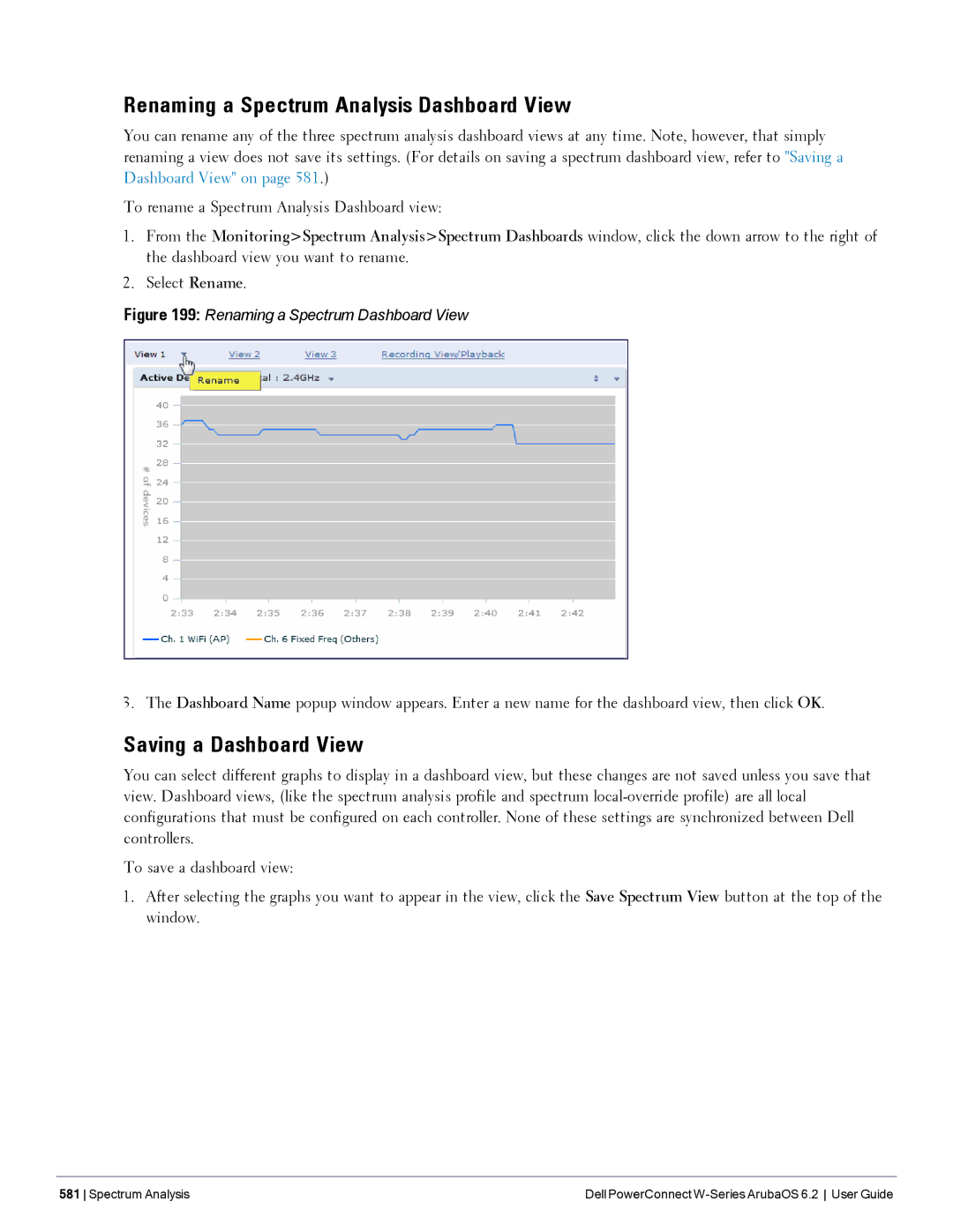 Dell 6.2 manual Renaming a Spectrum Analysis Dashboard View, Saving a Dashboard View, Select Rename 