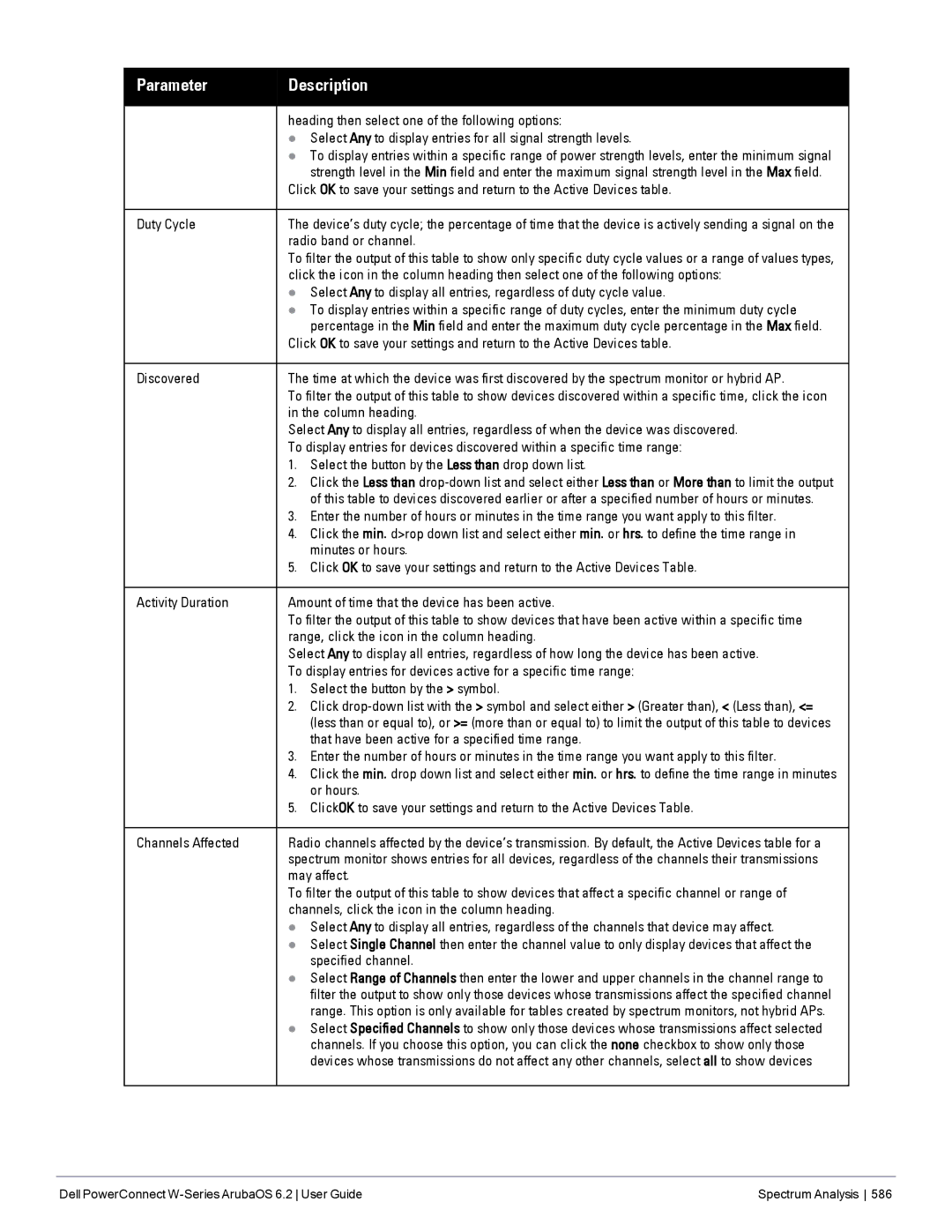 Dell 6.2 manual Radio band or channel, Column heading, Select the button by the Less than drop down list, Minutes or hours 