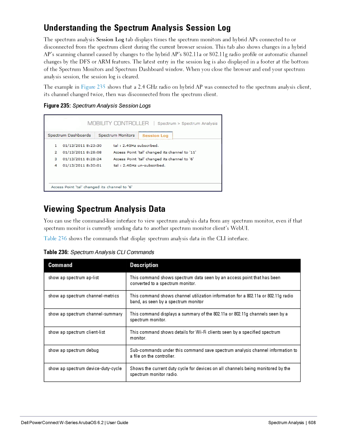 Dell 6.2 manual Understanding the Spectrum Analysis Session Log, Viewing Spectrum Analysis Data 