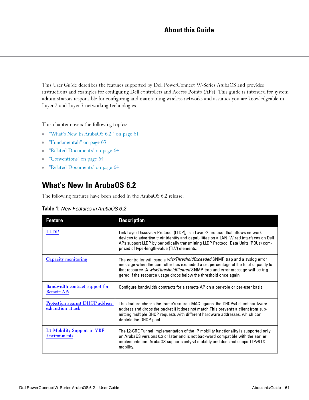 Dell 6.2 manual What’s New In ArubaOS, About this Guide, Feature Description 