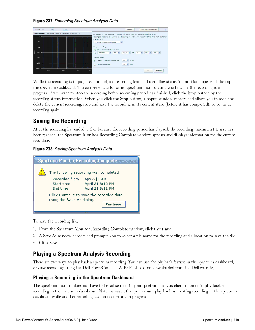 Dell 6.2 manual Saving the Recording, Playing a Spectrum Analysis Recording, Playing a Recording in the Spectrum Dashboard 