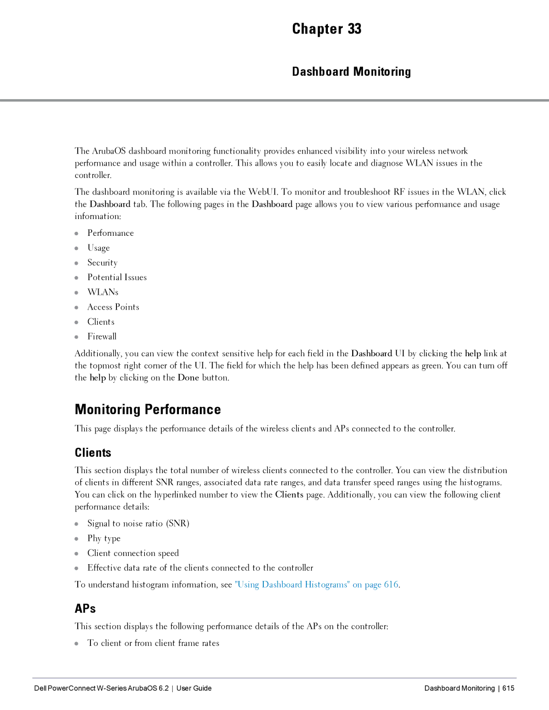 Dell 6.2 manual Monitoring Performance, Dashboard Monitoring, Clients, APs 