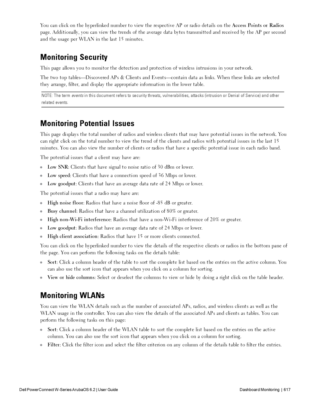 Dell 6.2 manual Monitoring Security, Monitoring Potential Issues, Monitoring WLANs 