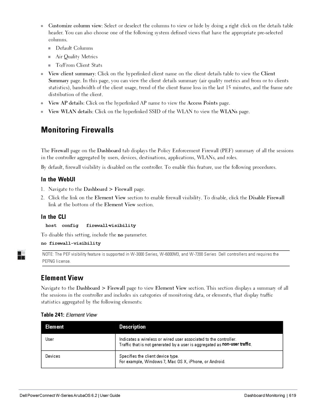 Dell 6.2 manual Monitoring Firewalls, Element View, To disable this setting, include the no parameter, User Devices 