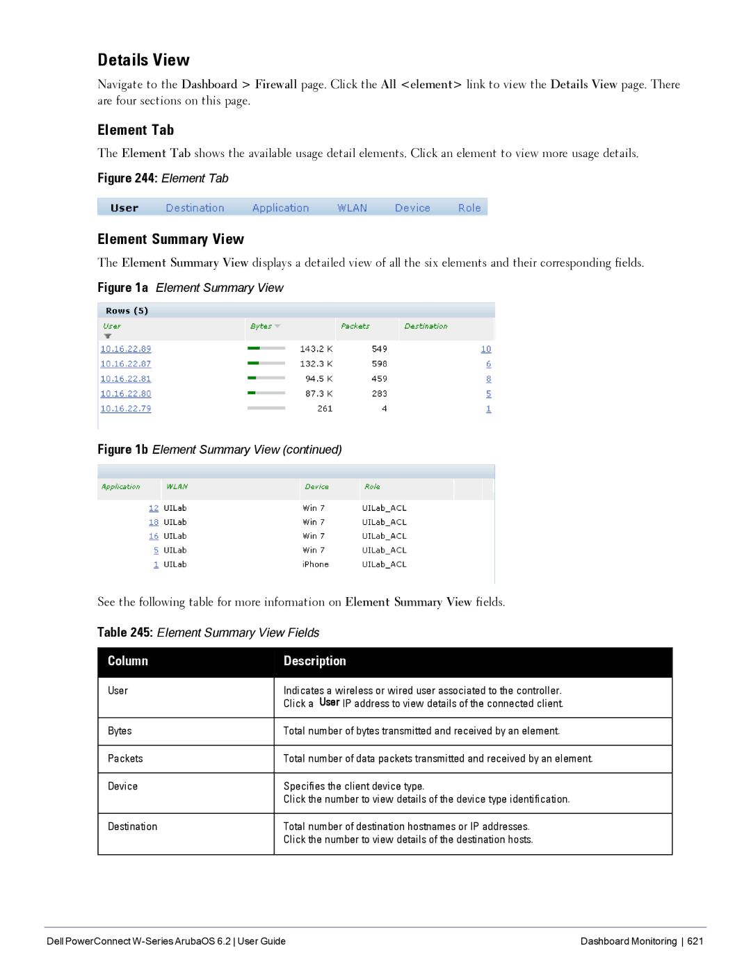 Dell 6.2 manual Details View, Element Tab, Element Summary View, User Bytes Packets Device Destination 