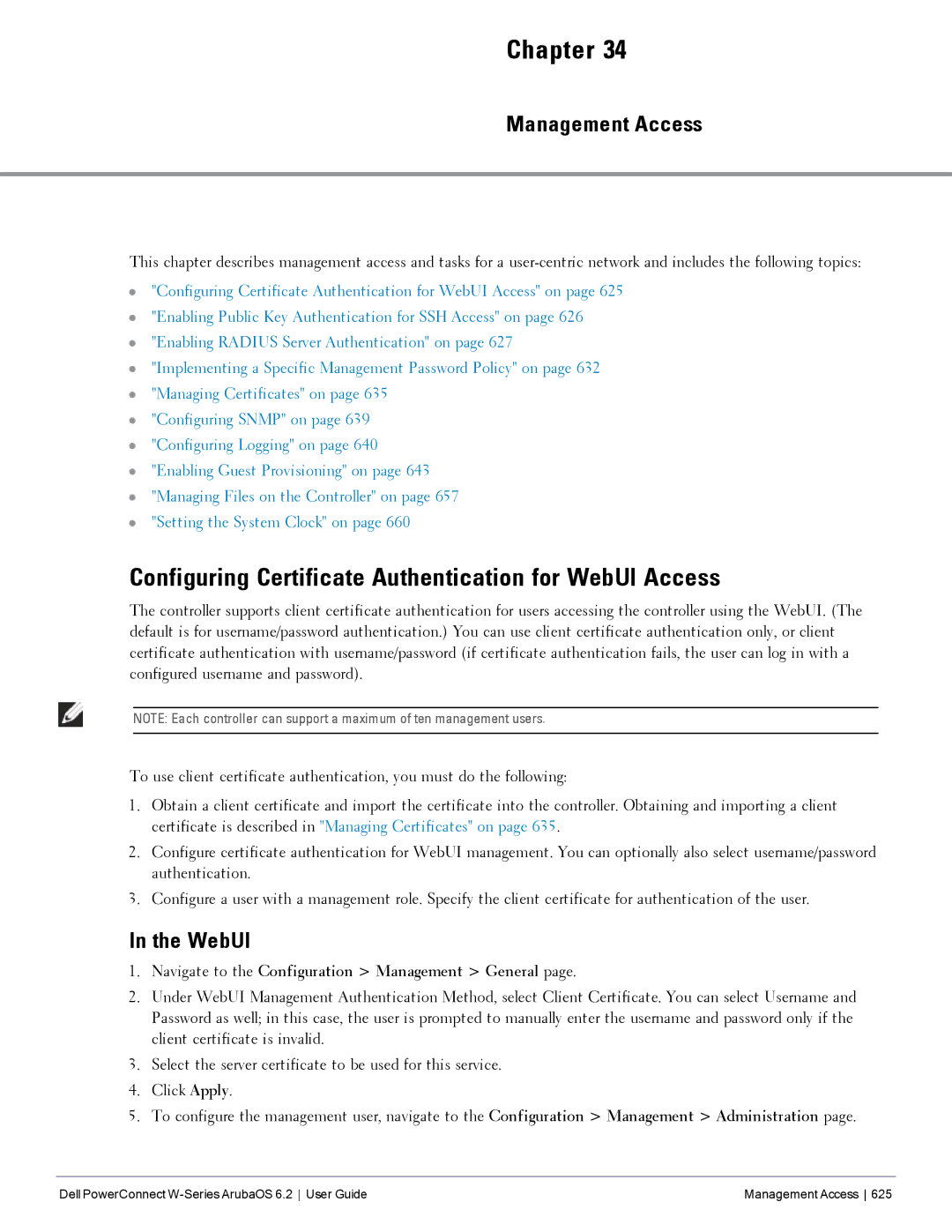 Dell 6.2 manual Configuring Certificate Authentication for WebUI Access, Management Access 