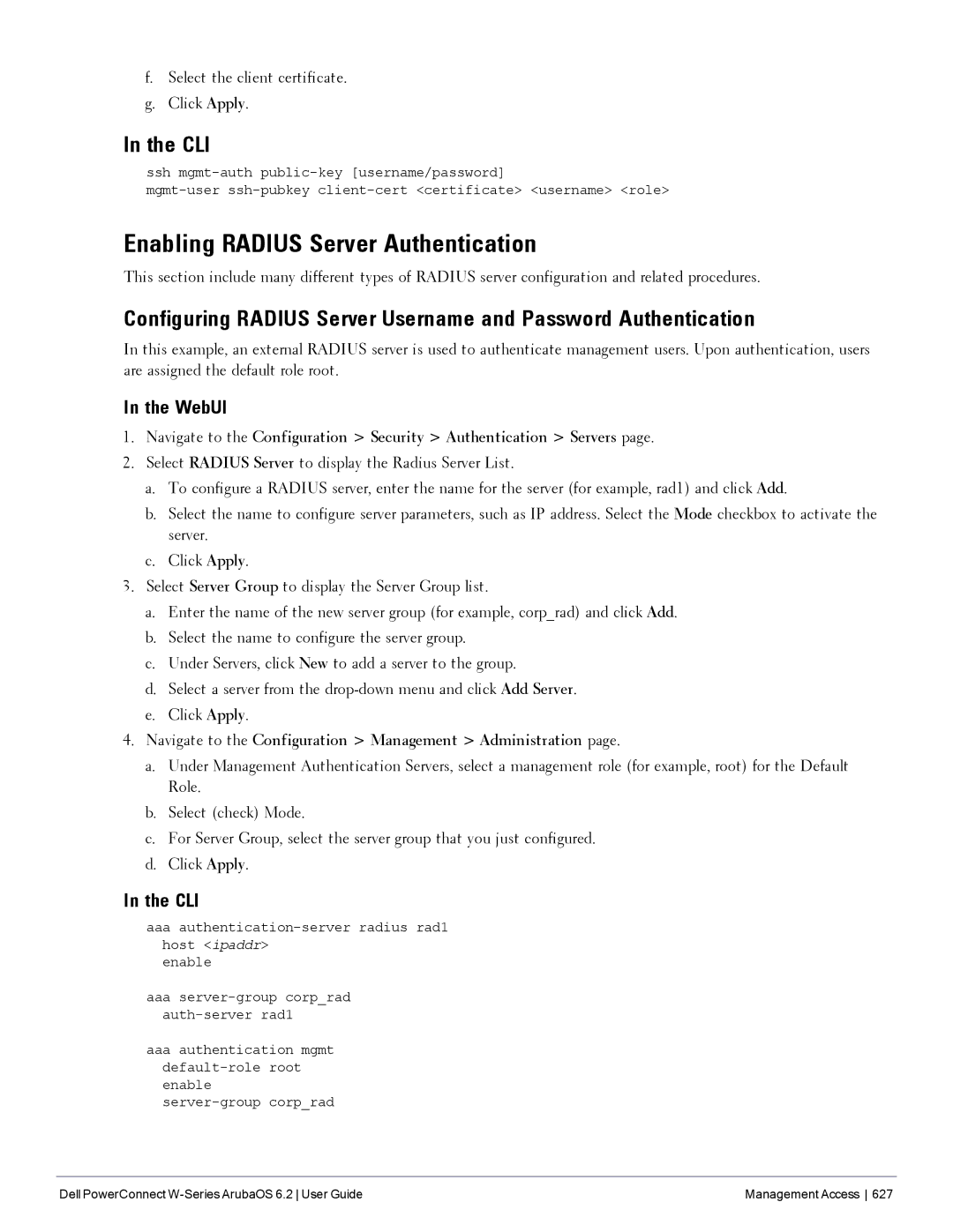 Dell 6.2 manual Enabling Radius Server Authentication, Select the client certificate Click Apply 