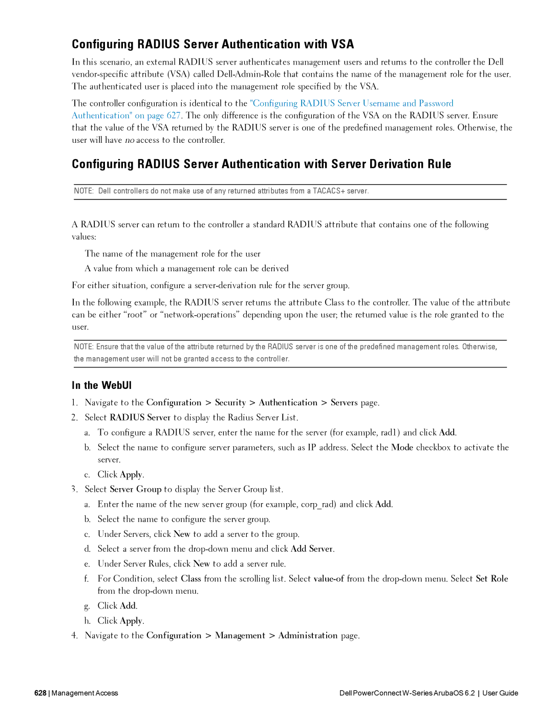 Dell 6.2 manual Configuring Radius Server Authentication with VSA 