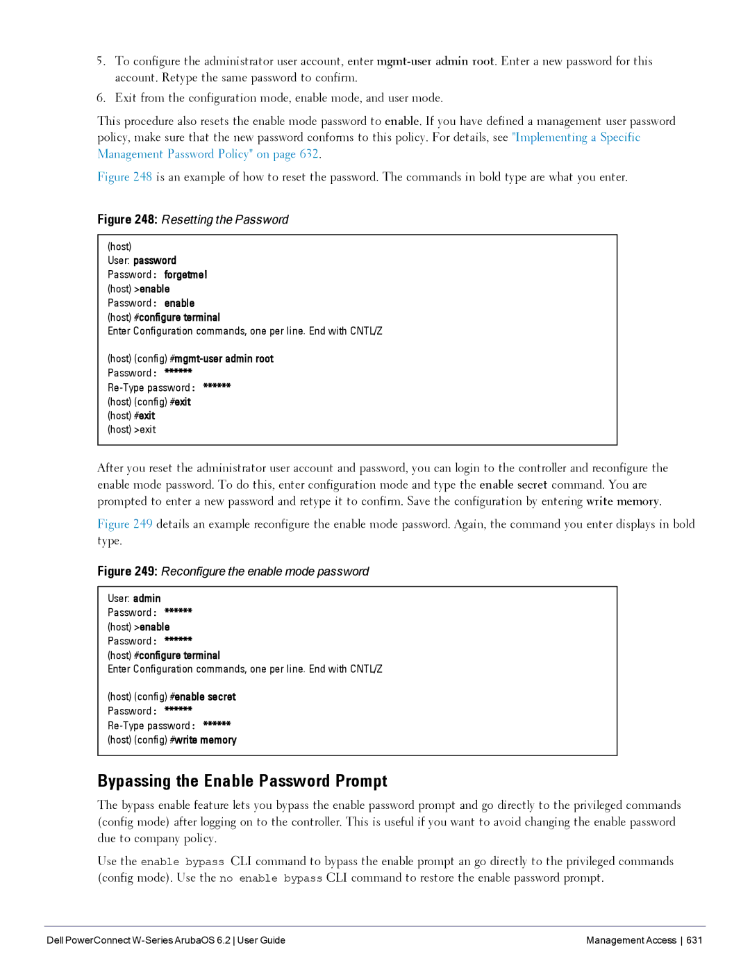 Dell 6.2 manual Bypassing the Enable Password Prompt, User admin Password 