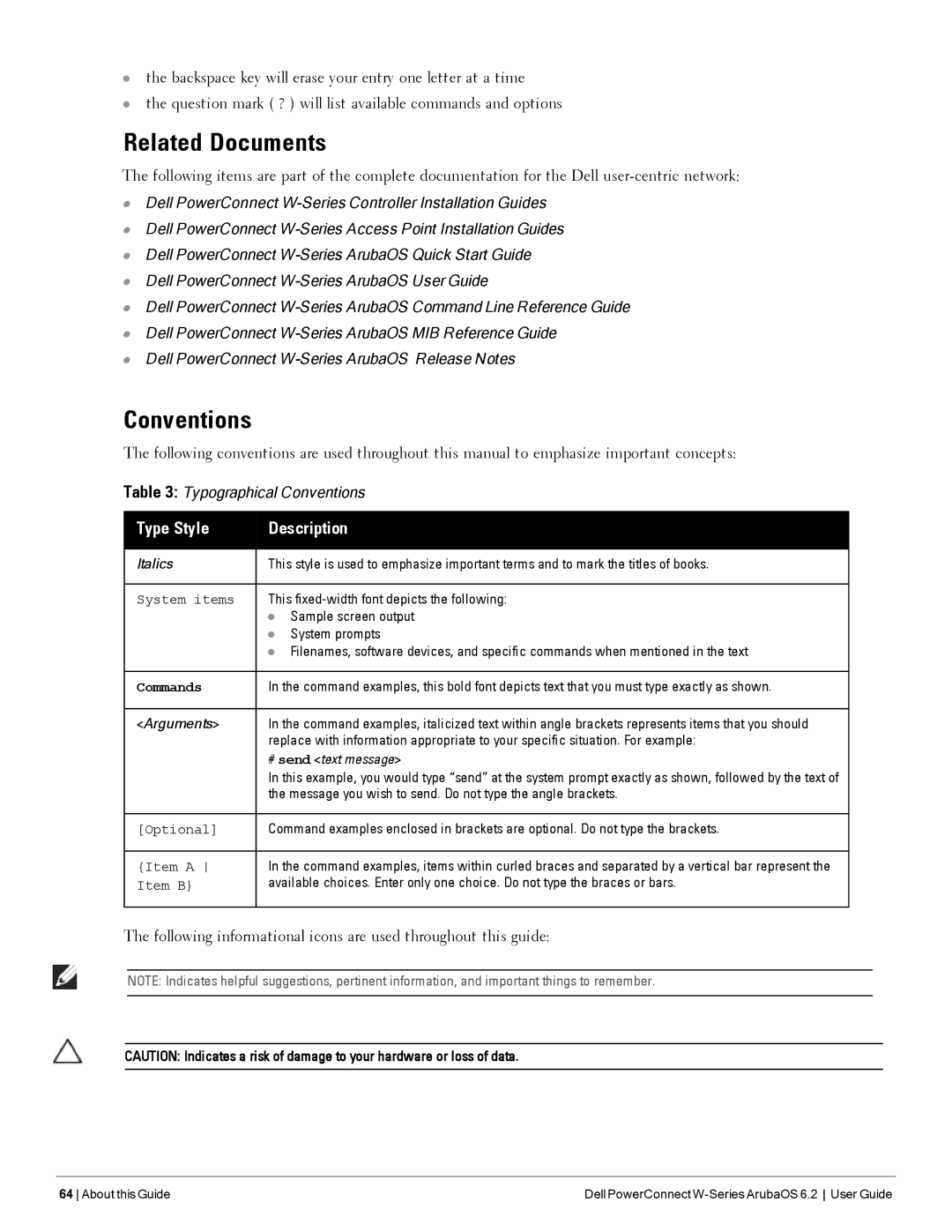 Dell 6.2 manual Related Documents, Conventions, Type Style Description 