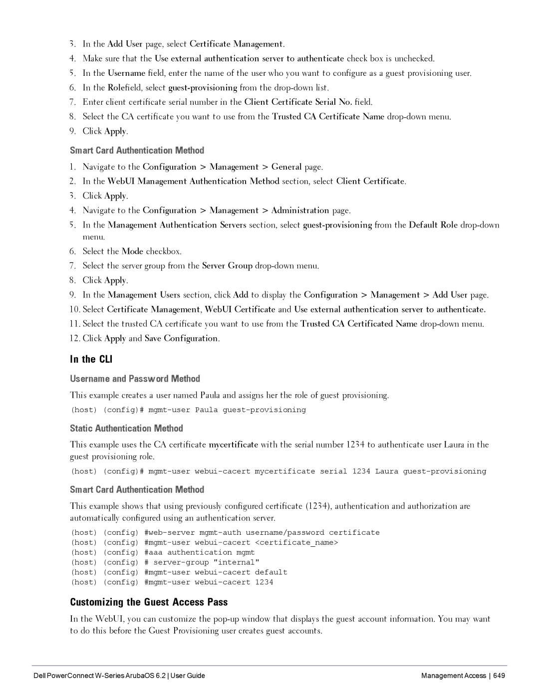 Dell 6.2 manual Customizing the Guest Access Pass, Smart Card Authentication Method, Username and Password Method 