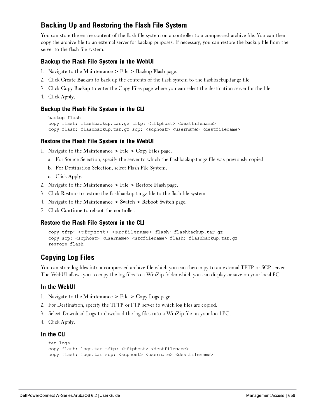 Dell 6.2 manual Backing Up and Restoring the Flash File System, Copying Log Files 