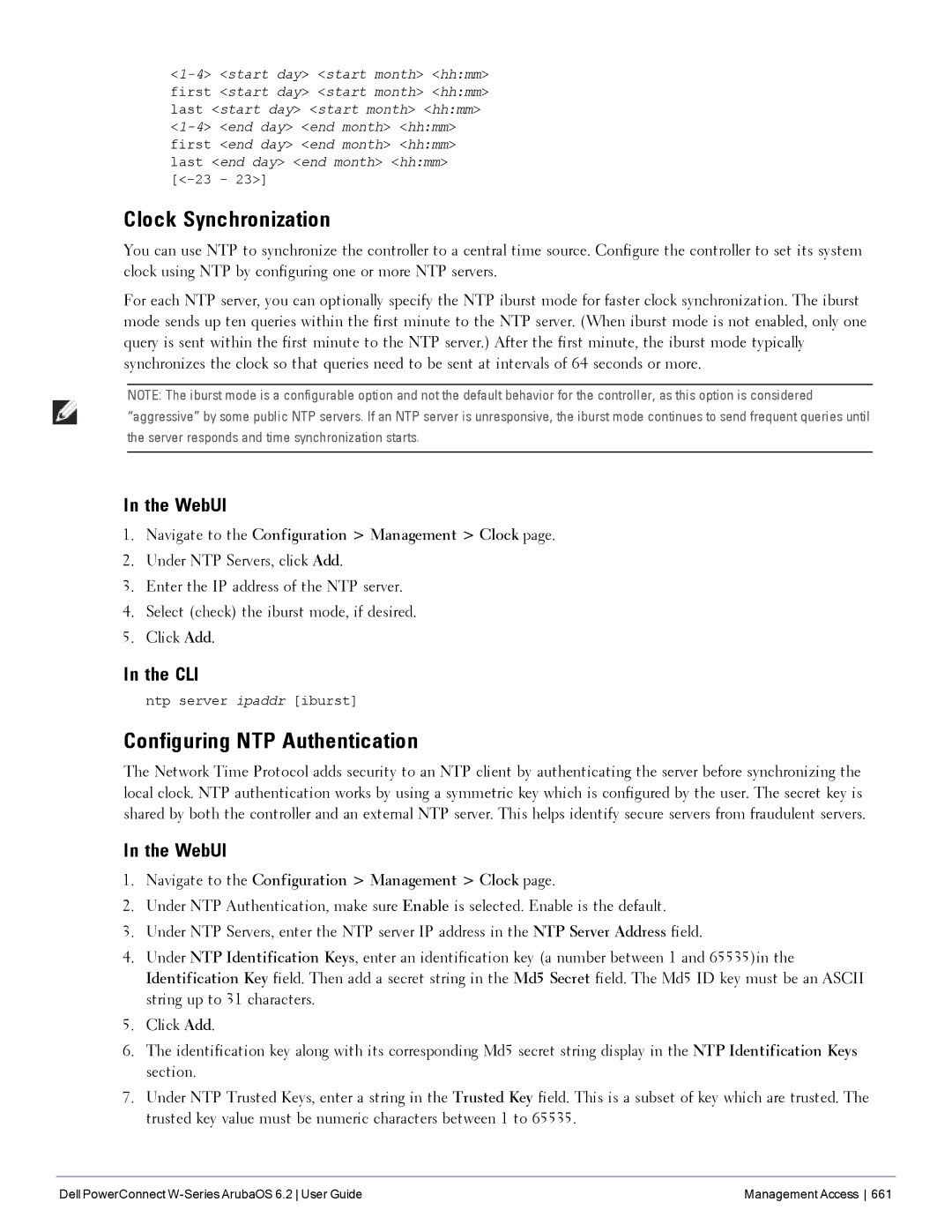 Dell 6.2 manual Clock Synchronization, Configuring NTP Authentication 