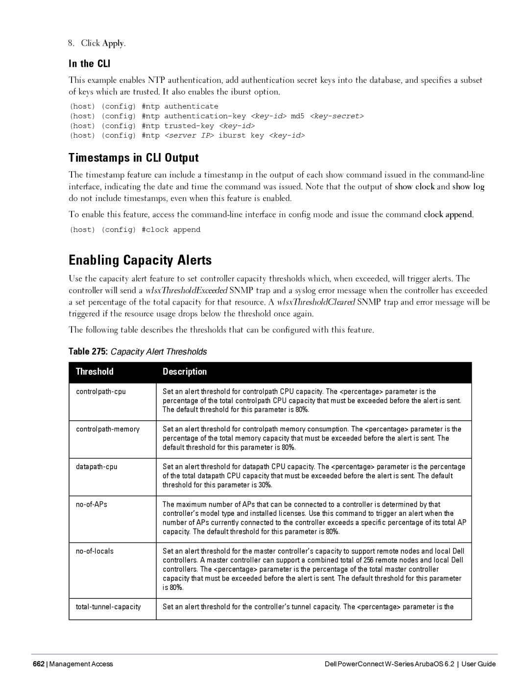 Dell 6.2 manual Enabling Capacity Alerts, Timestamps in CLI Output, Threshold Description 