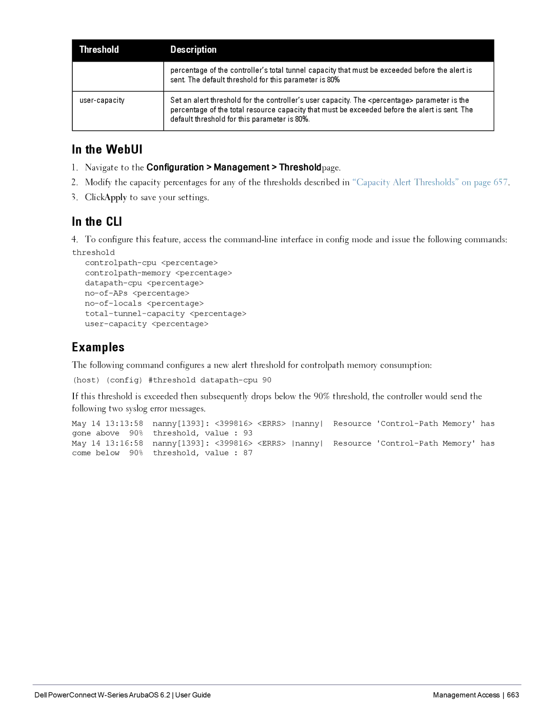 Dell 6.2 manual Examples, Sent. The default threshold for this parameter is 80%, User-capacity 