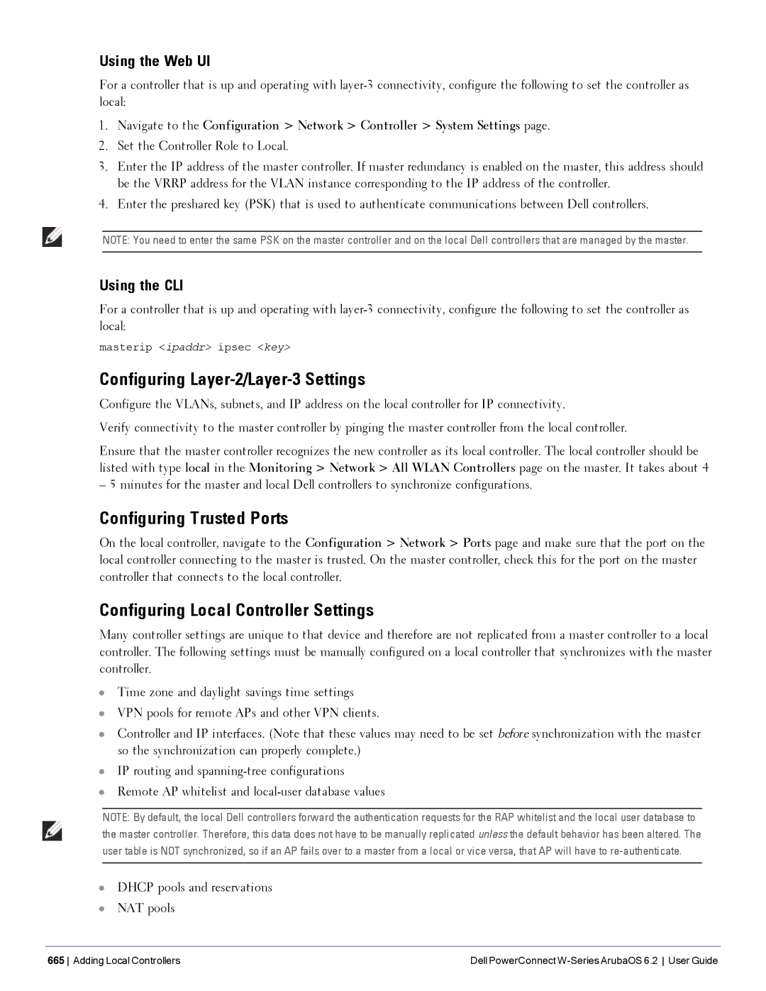 Dell 6.2 manual Configuring Layer-2/Layer-3 Settings, Configuring Trusted Ports, Configuring Local Controller Settings 