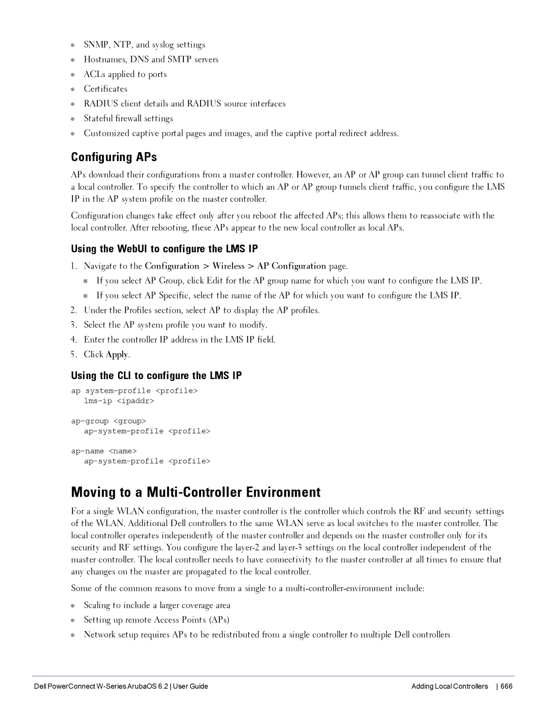 Dell 6.2 manual Moving to a Multi-Controller Environment, Configuring APs, Using the WebUI to configure the LMS IP 