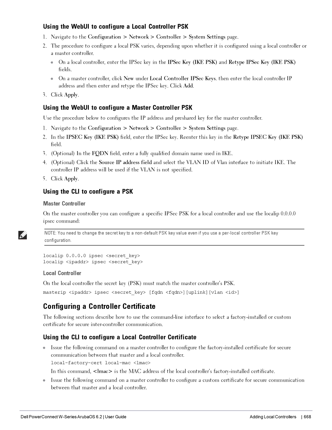 Dell 6.2 manual Configuring a Controller Certificate, Using the WebUI to configure a Local Controller PSK 