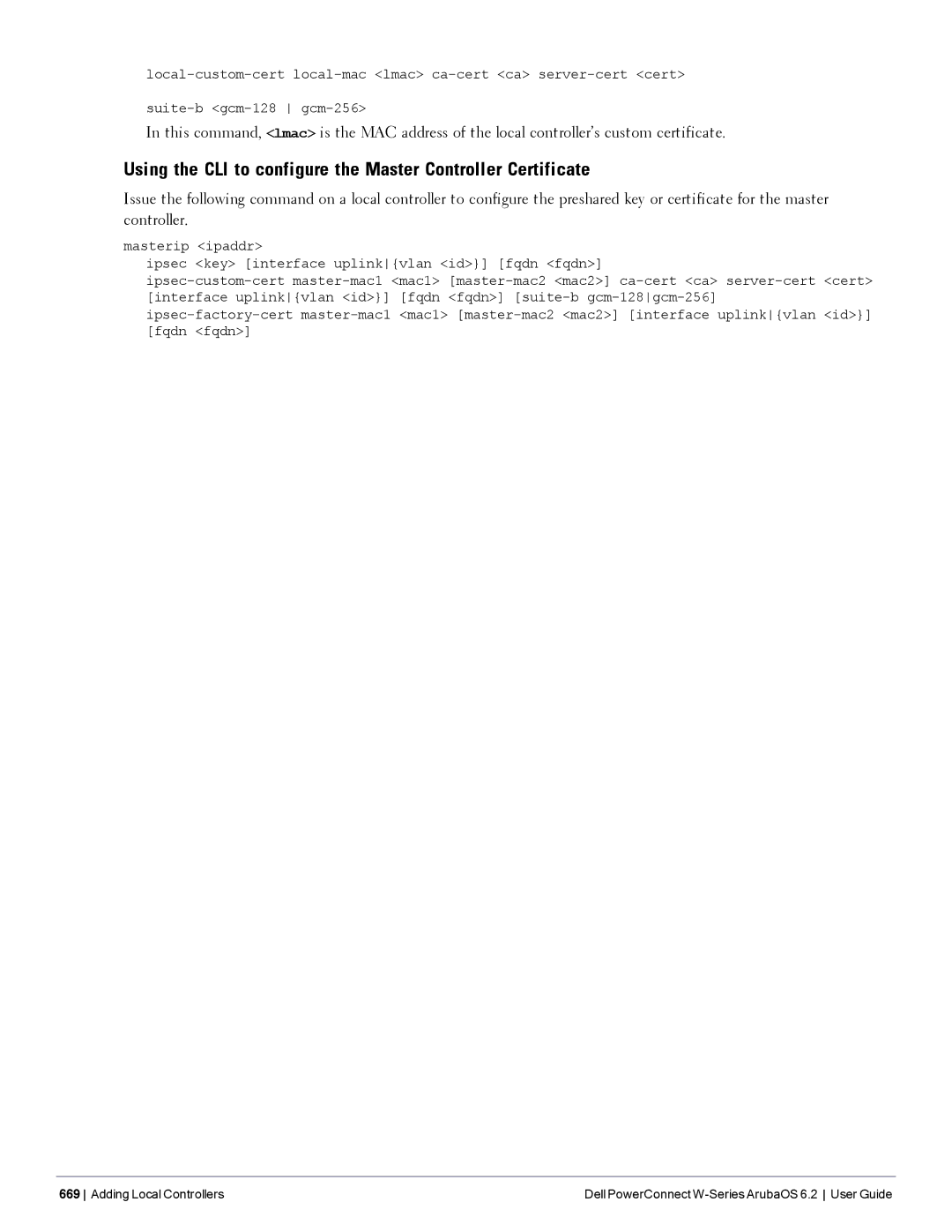 Dell 6.2 manual Using the CLI to configure the Master Controller Certificate 