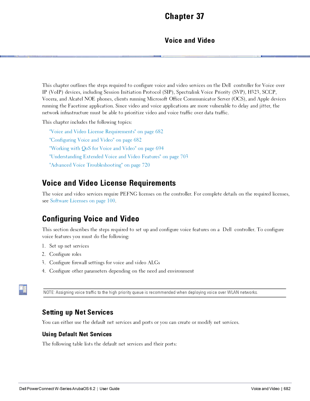 Dell 6.2 manual Voice and Video License Requirements, Configuring Voice and Video, Setting up Net Services 