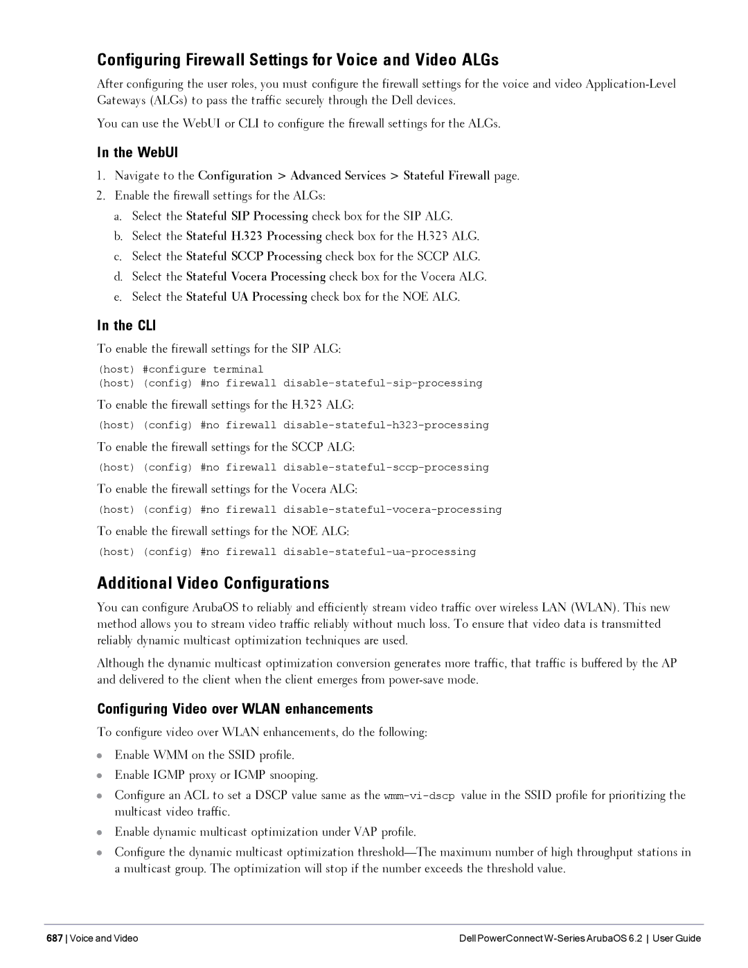 Dell 6.2 manual Configuring Firewall Settings for Voice and Video ALGs, Additional Video Configurations 