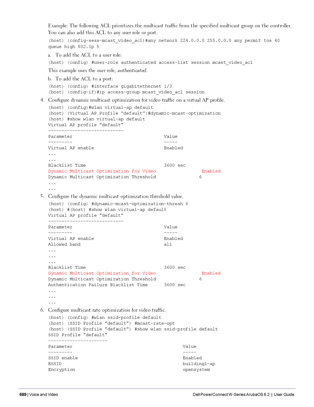 Dell 6.2 manual To add the ACL to a user role, Configure multicast rate optimization for video traffic 