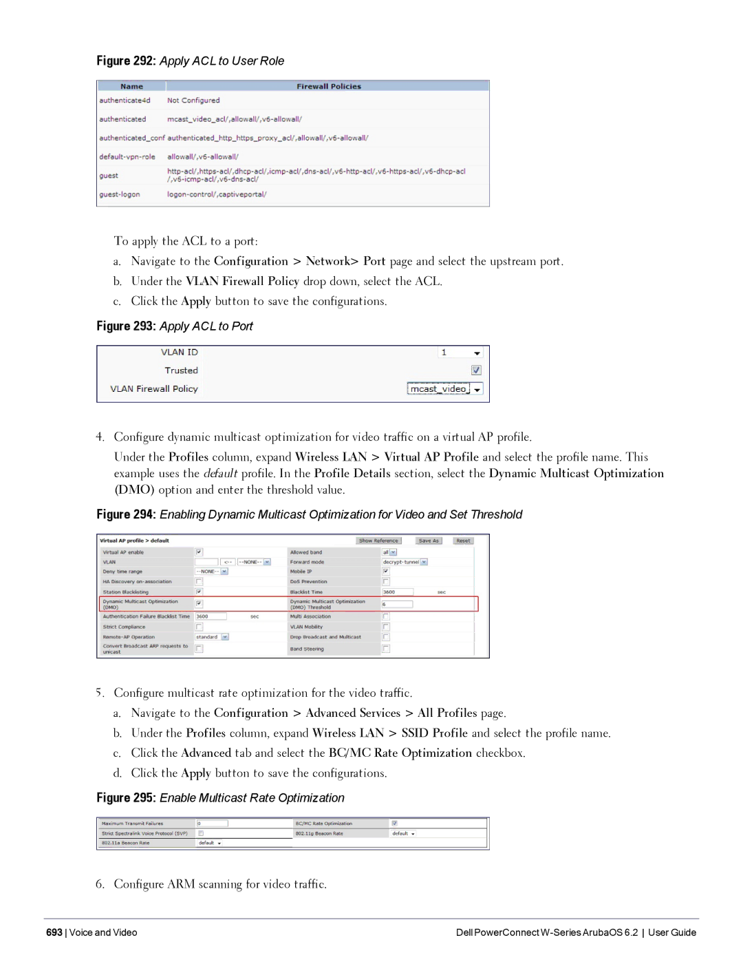 Dell 6.2 manual Configure multicast rate optimization for the video traffic, Configure ARM scanning for video traffic 