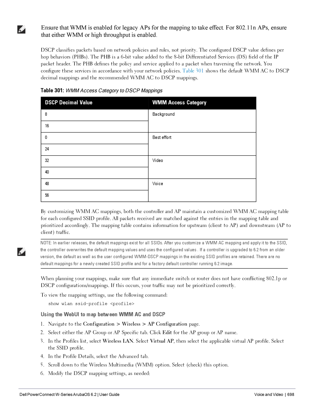 Dell 6.2 manual Dscp Decimal Value WMM Access Category, Using the WebUI to map between WMM AC and Dscp 