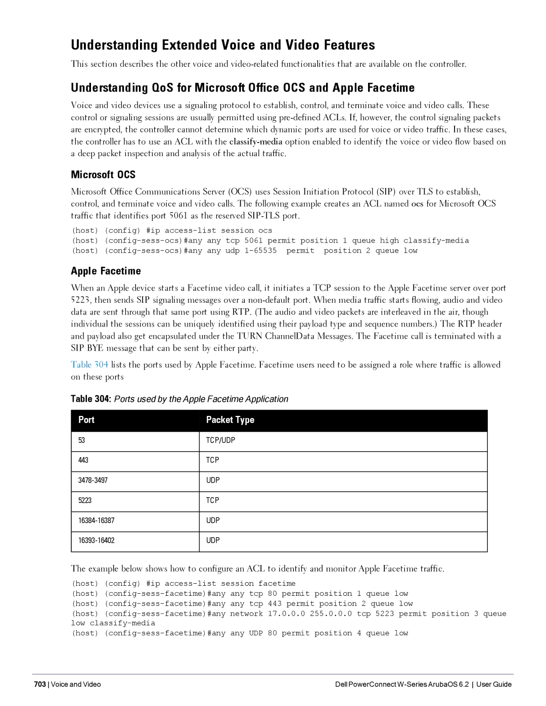 Dell 6.2 manual Understanding Extended Voice and Video Features, Microsoft OCS, Apple Facetime, Port Packet Type 