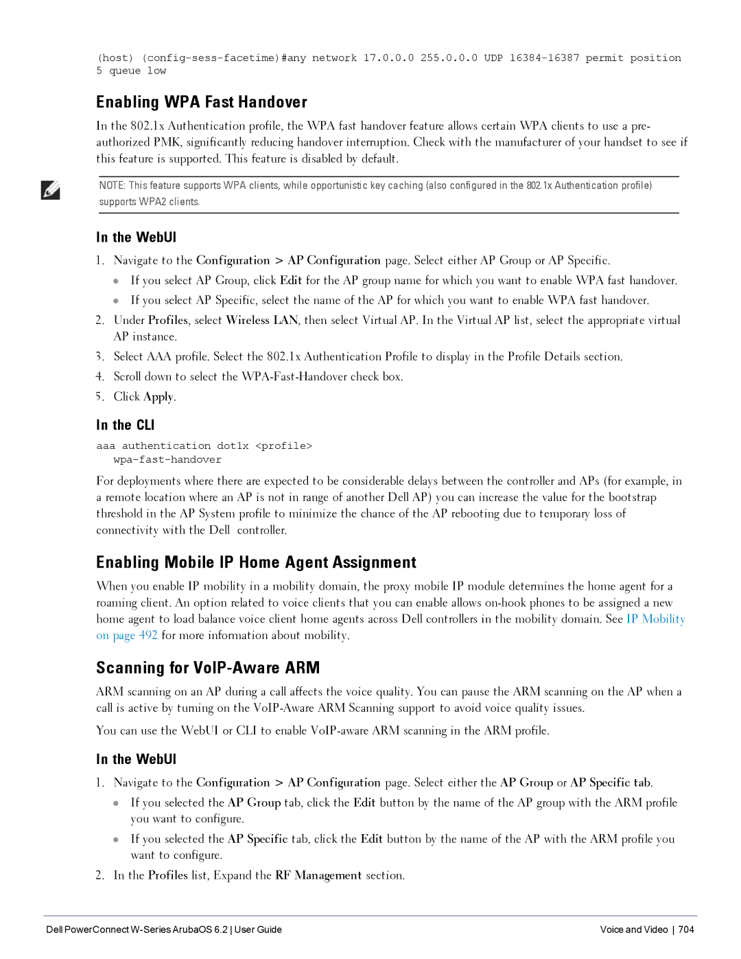 Dell 6.2 manual Enabling WPA Fast Handover, Enabling Mobile IP Home Agent Assignment, Scanning for VoIP-Aware ARM 