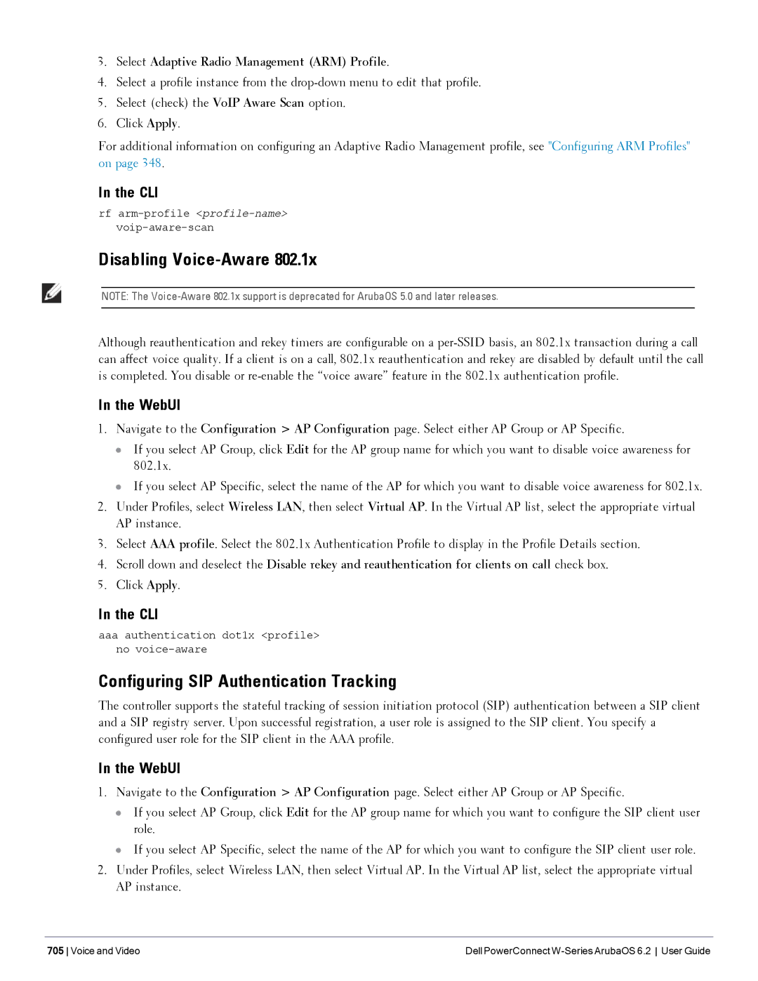 Dell 6.2 manual Disabling Voice-Aware, Configuring SIP Authentication Tracking 