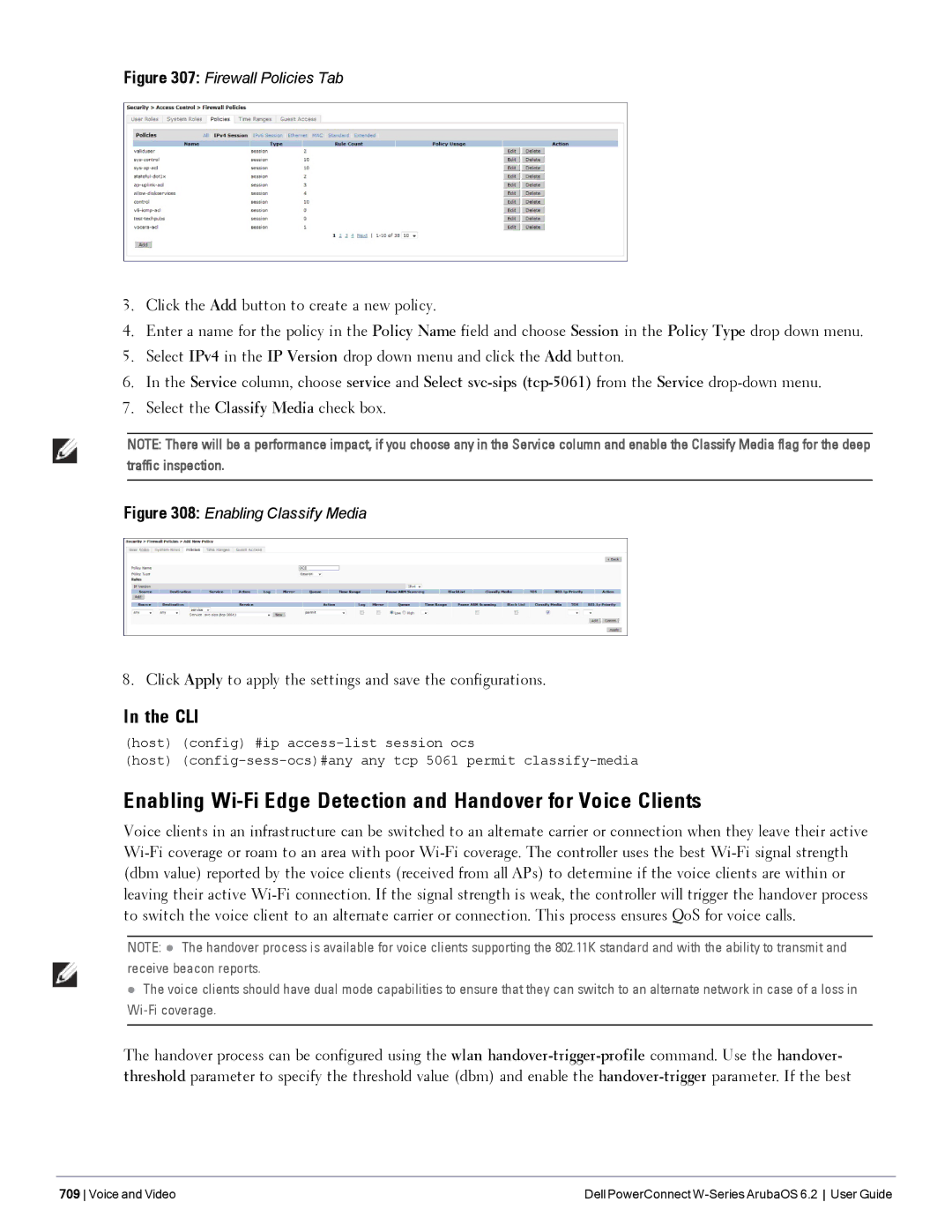 Dell 6.2 manual Enabling Wi-Fi Edge Detection and Handover for Voice Clients, Select the Classify Media check box 