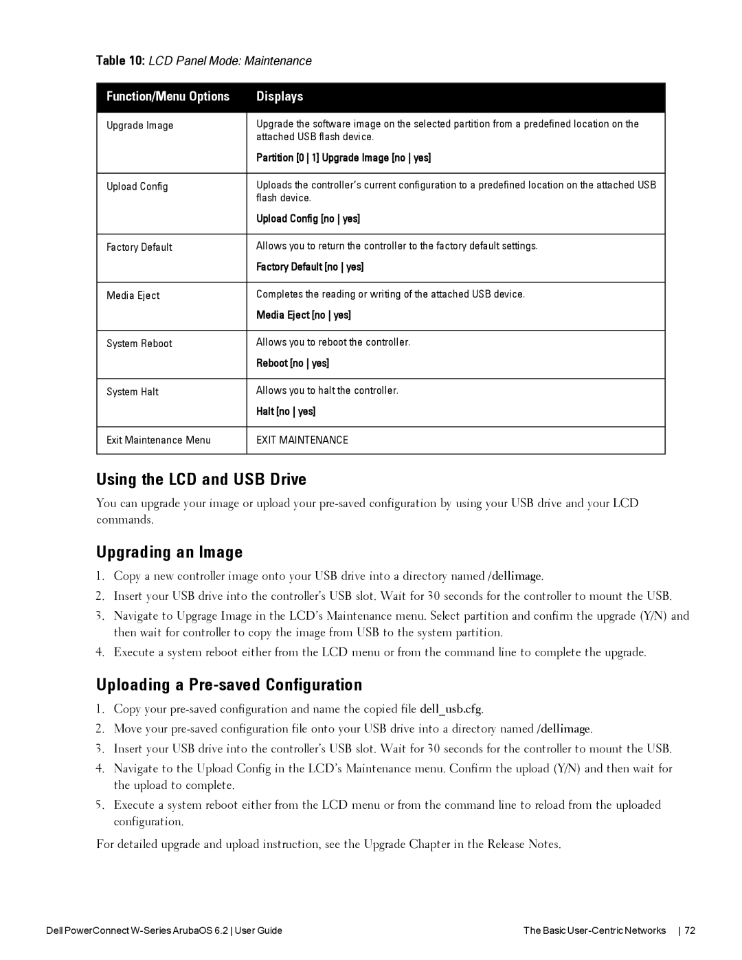 Dell 6.2 manual Using the LCD and USB Drive, Upgrading an Image, Uploading a Pre-saved Configuration 