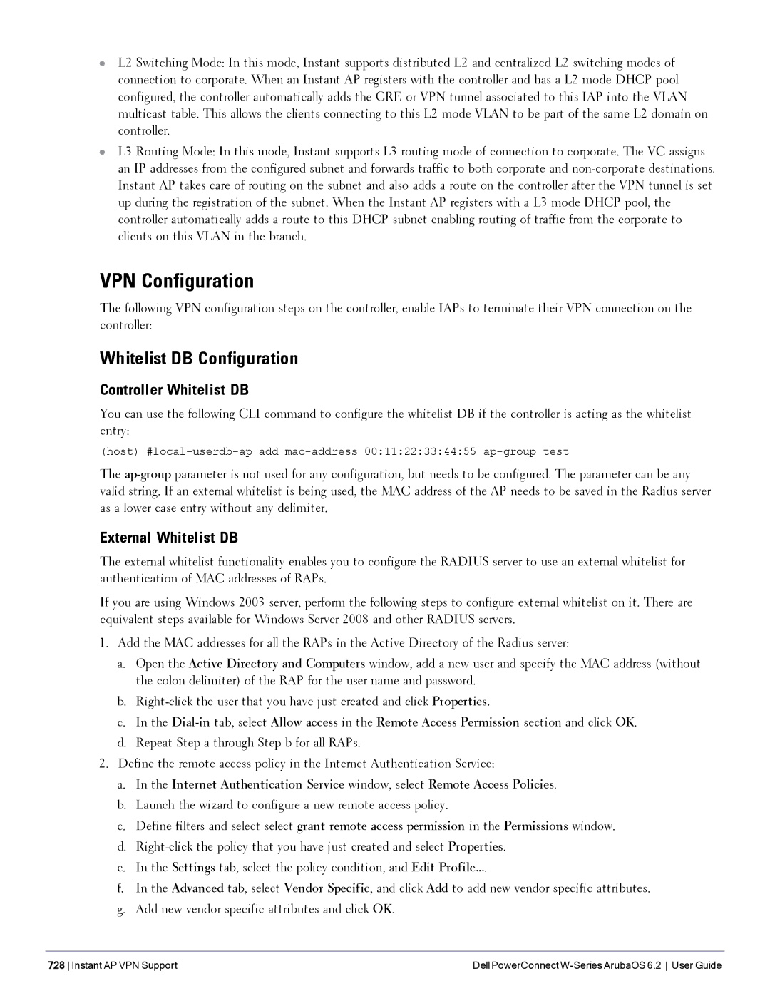 Dell 6.2 manual VPN Configuration, Whitelist DB Configuration, Controller Whitelist DB, External Whitelist DB 